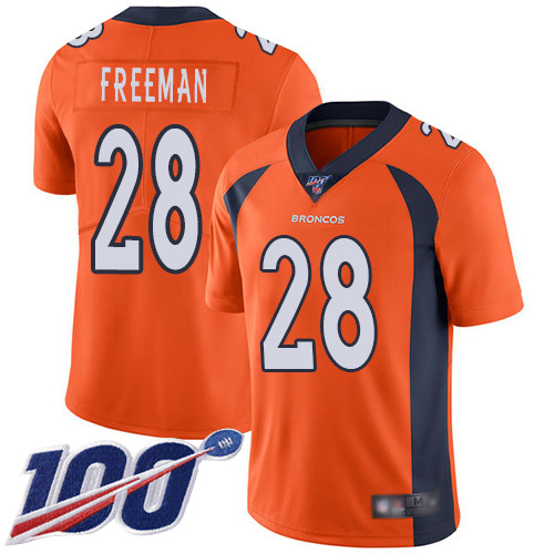 Broncos #28 Royce Freeman Orange Men's Stitched Football 100th Season Vapor Limited Jersey