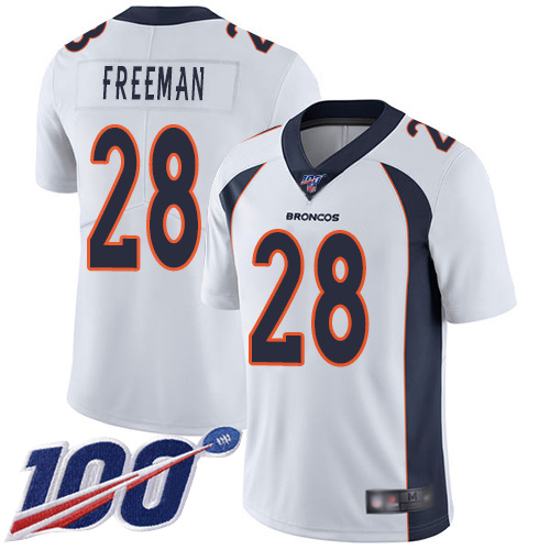 Broncos #28 Royce Freeman White Men's Stitched Football 100th Season Vapor Limited Jersey