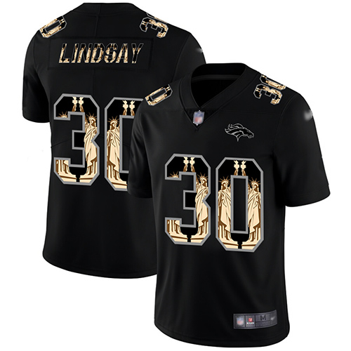 Broncos #30 Phillip Lindsay Black Men's Stitched Football Limited Statue of Liberty Jersey