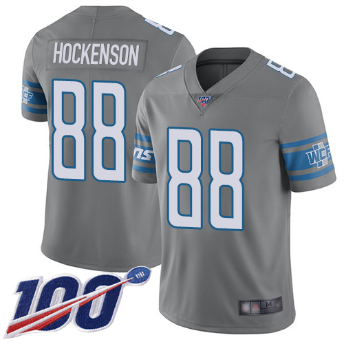 Lions #88 T.J. Hockenson Gray Men's Stitched Football Limited Rush 100th Season Jersey