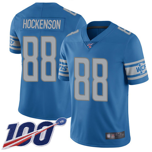 Lions #88 T.J. Hockenson Blue Team Color Men's Stitched Football 100th Season Vapor Limited Jersey