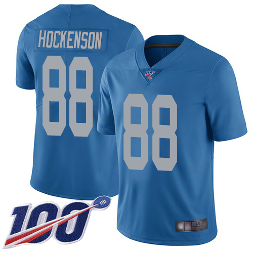 Lions #88 T.J. Hockenson Blue Throwback Men's Stitched Football 100th Season Vapor Limited Jersey