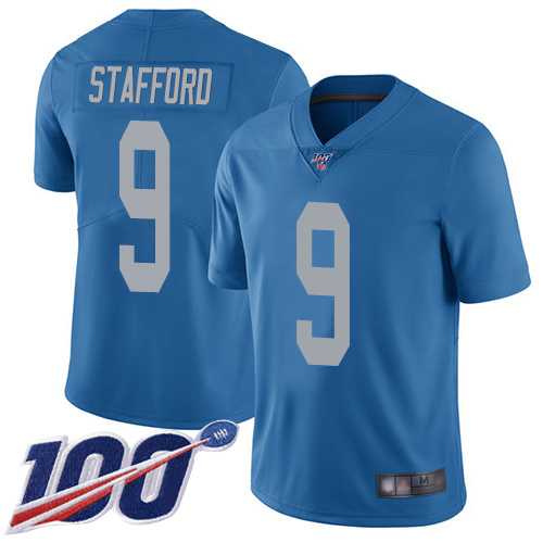 Lions #9 Matthew Stafford Blue Throwback Men's Stitched Football 100th Season Vapor Limited Jersey