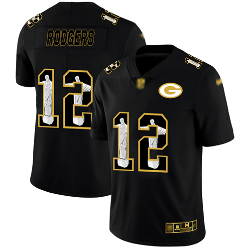 Packers #12 Aaron Rodgers Black Men's Stitched Football Limited Jesus Faith Jersey