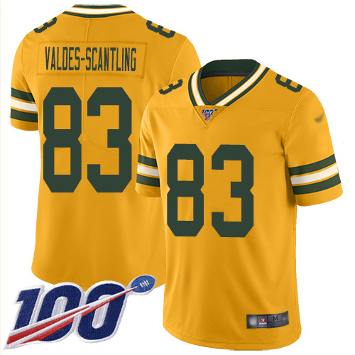 Packers #83 Marquez Valdes-Scantling Gold Men's Stitched Football Limited Inverted Legend 100th Season Jersey