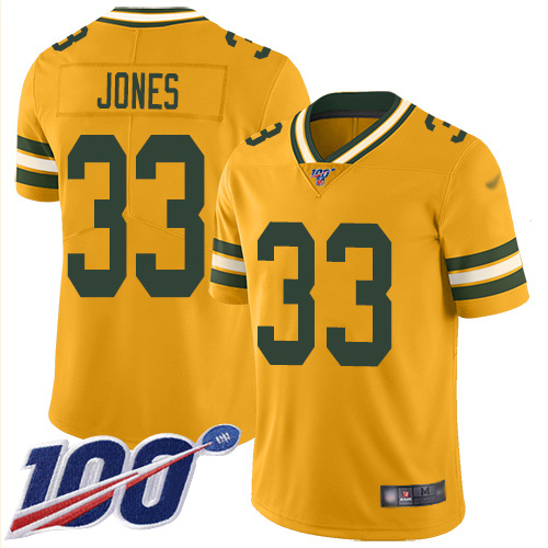 Packers #33 Aaron Jones Gold Men's Stitched Football Limited Inverted Legend 100th Season Jersey