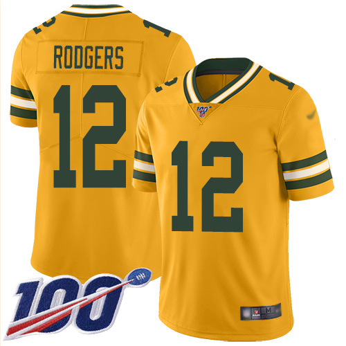 Packers #12 Aaron Rodgers Gold Men's Stitched Football Limited Inverted Legend 100th Season Jersey