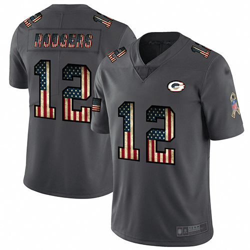 Packers #12 Aaron Rodgers Carbon Black Men's Stitched Football Limited Retro Flag Jersey