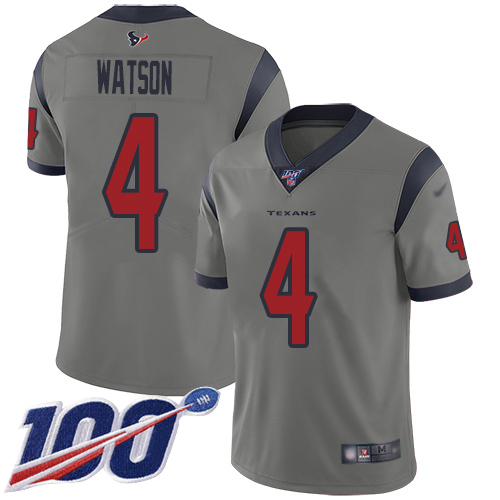 Texans #4 Deshaun Watson Gray Men's Stitched Football Limited Inverted Legend 100th Season Jersey Texans #4 Deshaun Watson Gray Men's Stitched Football Limited Inverted Legend 100th Season Jersey