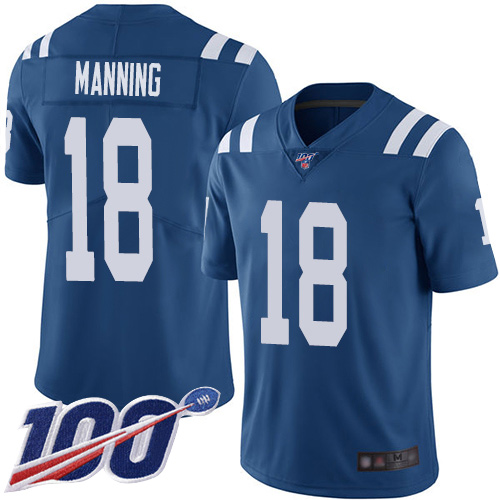 Colts #18 Peyton Manning Royal Blue Team Color Men's Stitched Football 100th Season Vapor Limited Jersey