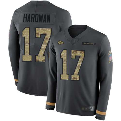 Chiefs #17 Mecole Hardman Anthracite Salute to Service Men's Stitched Football Limited Therma Long Sleeve Jersey