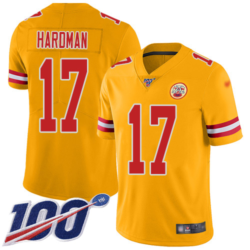 Chiefs #17 Mecole Hardman Gold Men's Stitched Football Limited Inverted Legend 100th Season Jersey