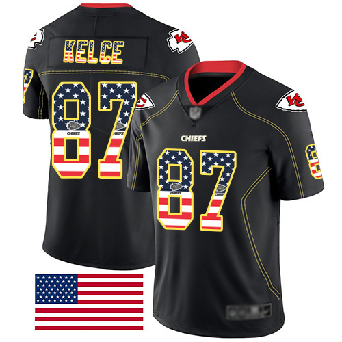 Chiefs #87 Travis Kelce Black Men's Stitched Football Limited Rush USA Flag Jersey