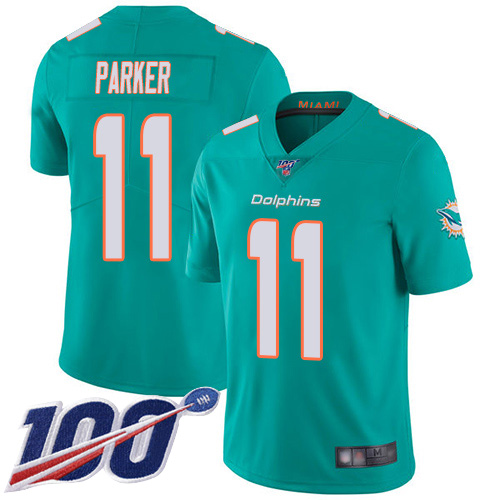 Dolphins #11 DeVante Parker Aqua Green Team Color Men's Stitched Football 100th Season Vapor Limited Jersey