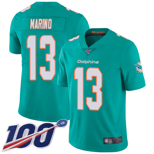 Dolphins #13 Dan Marino Aqua Green Team Color Men's Stitched Football 100th Season Vapor Limited Jersey