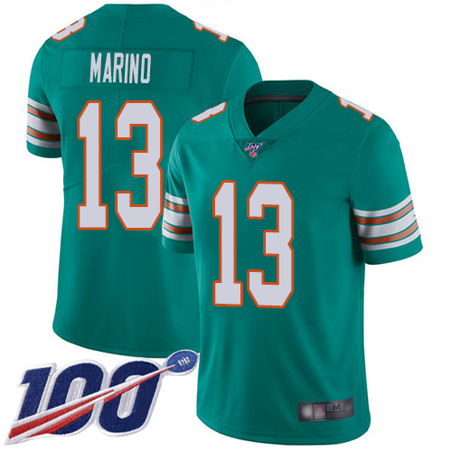 Dolphins #13 Dan Marino Aqua Green Alternate Men's Stitched Football 100th Season Vapor Limited Jersey