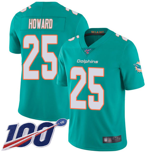 Dolphins #25 Xavien Howard Aqua Green Team Color Men's Stitched Football 100th Season Vapor Limited Jersey