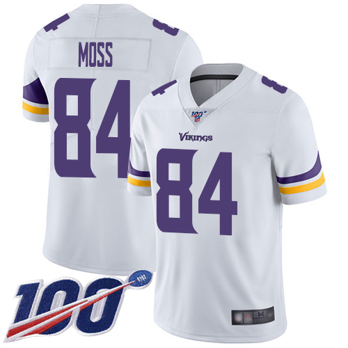 Vikings #84 Randy Moss White Men's Stitched Football 100th Season Vapor Limited Jersey