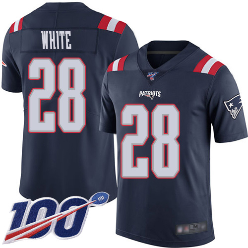 Patriots #28 James White Navy Blue Men's Stitched Football Limited Rush 100th Season Jersey