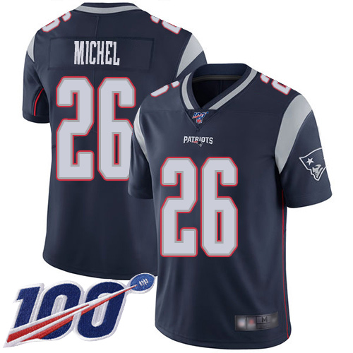 Patriots #26 Sony Michel Navy Blue Team Color Men's Stitched Football 100th Season Vapor Limited Jersey