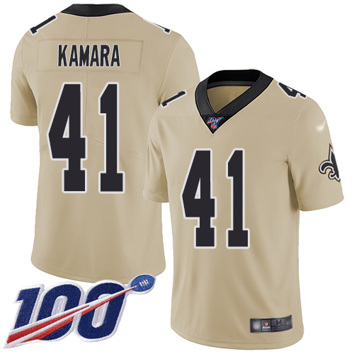 Saints #41 Alvin Kamara Gold Men's Stitched Football Limited Inverted Legend 100th Season Jersey Saints #41 Alvin Kamara Gold Men's Stitched Football Limited Inverted Legend 100th Season Jersey