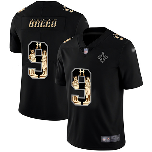 Saints #9 Drew Brees Black Men's Stitched Football Limited Statue of Liberty Jersey