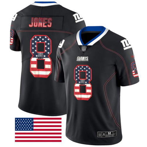 Giants #8 Daniel Jones Black Men's Stitched Football Limited Rush USA Flag Jersey