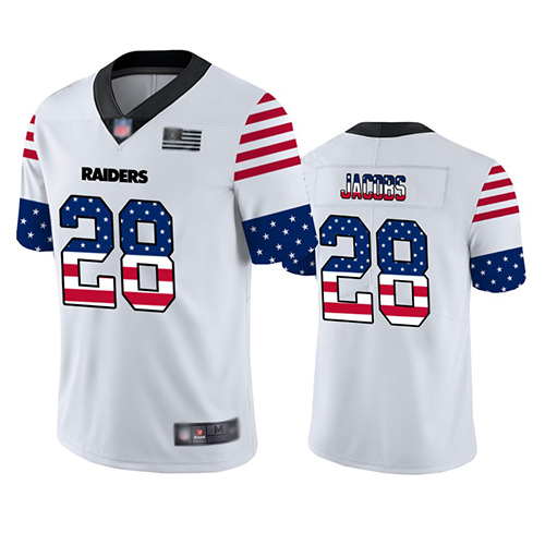 Raiders #28 Josh Jacobs White Men's Stitched Football Limited Independence Day Jersey