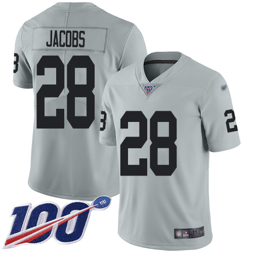 Raiders #28 Josh Jacobs Silver Men's Stitched Football Limited Inverted Legend 100th Season Jersey
