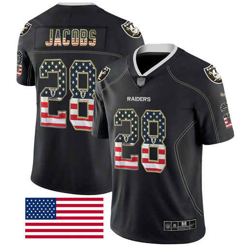 Raiders #28 Josh Jacobs Black Men's Stitched Football Limited Rush USA Flag Jersey