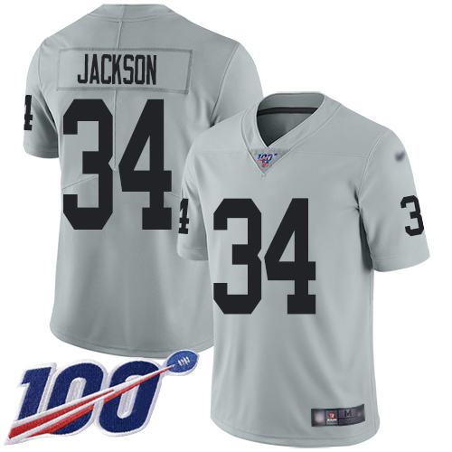 Raiders #34 Bo Jackson Silver Men's Stitched Football Limited Inverted Legend 100th Season Jersey Raiders #34 Bo Jackson Silver Men's Stitched Football Limited Inverted Legend 100th Season Jersey