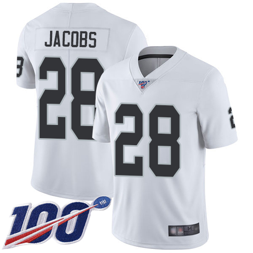 Raiders #28 Josh Jacobs White Men's Stitched Football 100th Season Vapor Limited Jersey