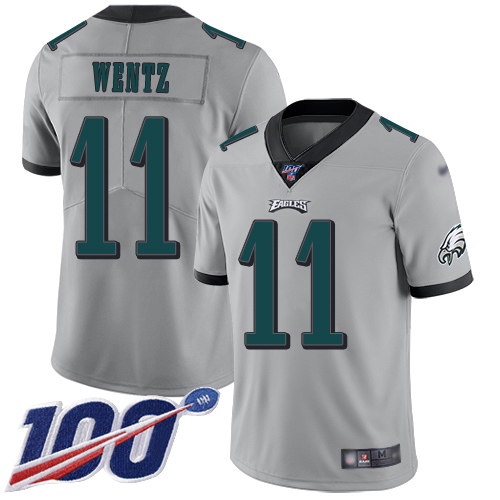 Eagles #11 Carson Wentz Silver Men's Stitched Football Limited Inverted Legend 100th Season Jersey