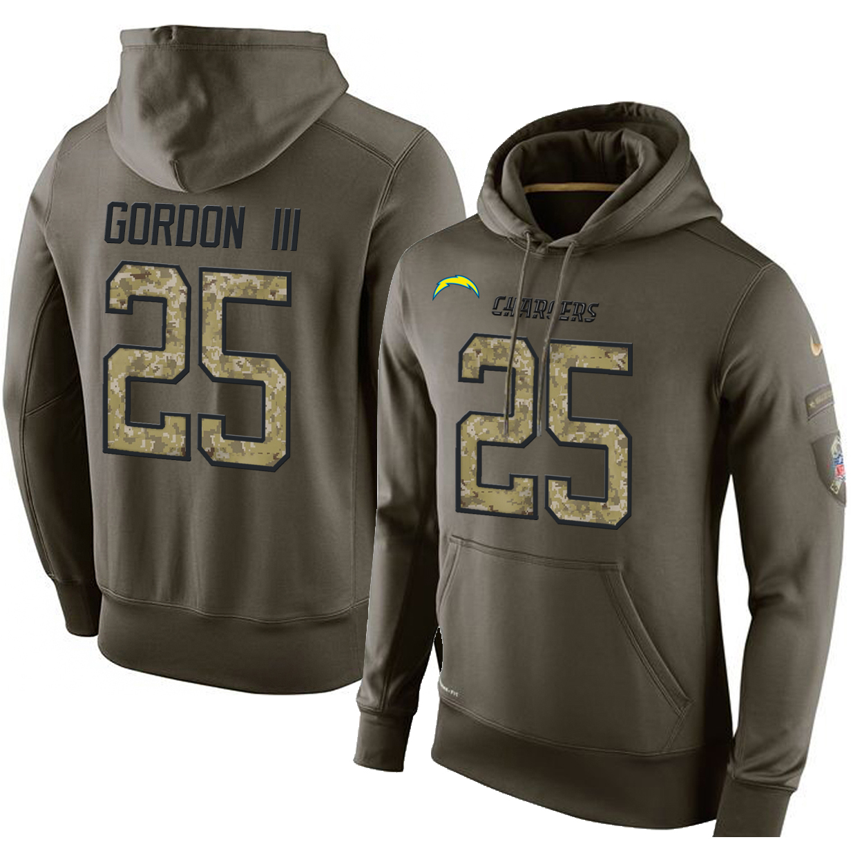 Football Men's Los Angeles Chargers #25 Melvin Gordon III Stitched Green Olive Salute To Service KO Performance Hoodie