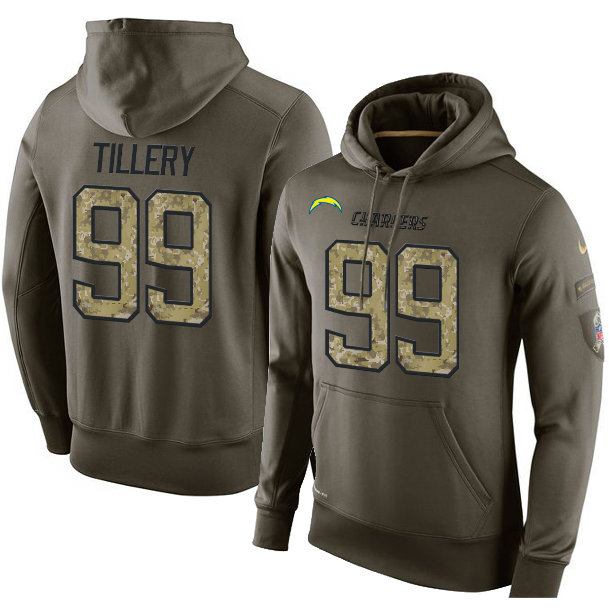 Football Men's Los Angeles Chargers #99 Jerry Tillery Stitched Green Olive Salute To Service KO Performance Hoodie