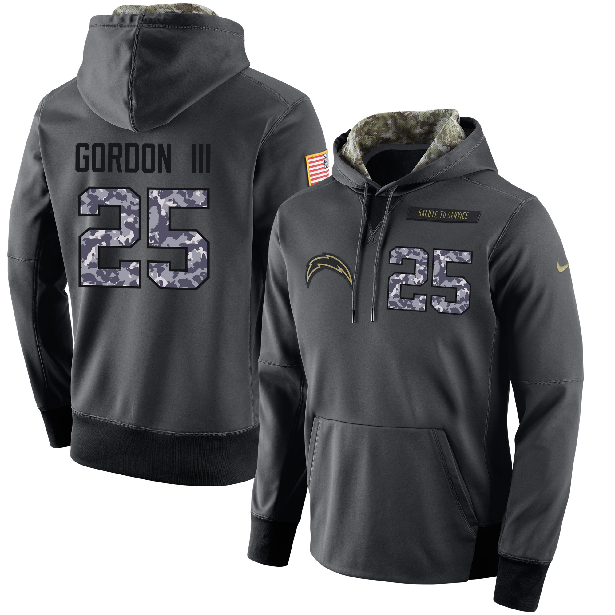 Football Men's Los Angeles Chargers #25 Melvin Gordon III Stitched Black Anthracite Salute to Service Player Performance Hoodie