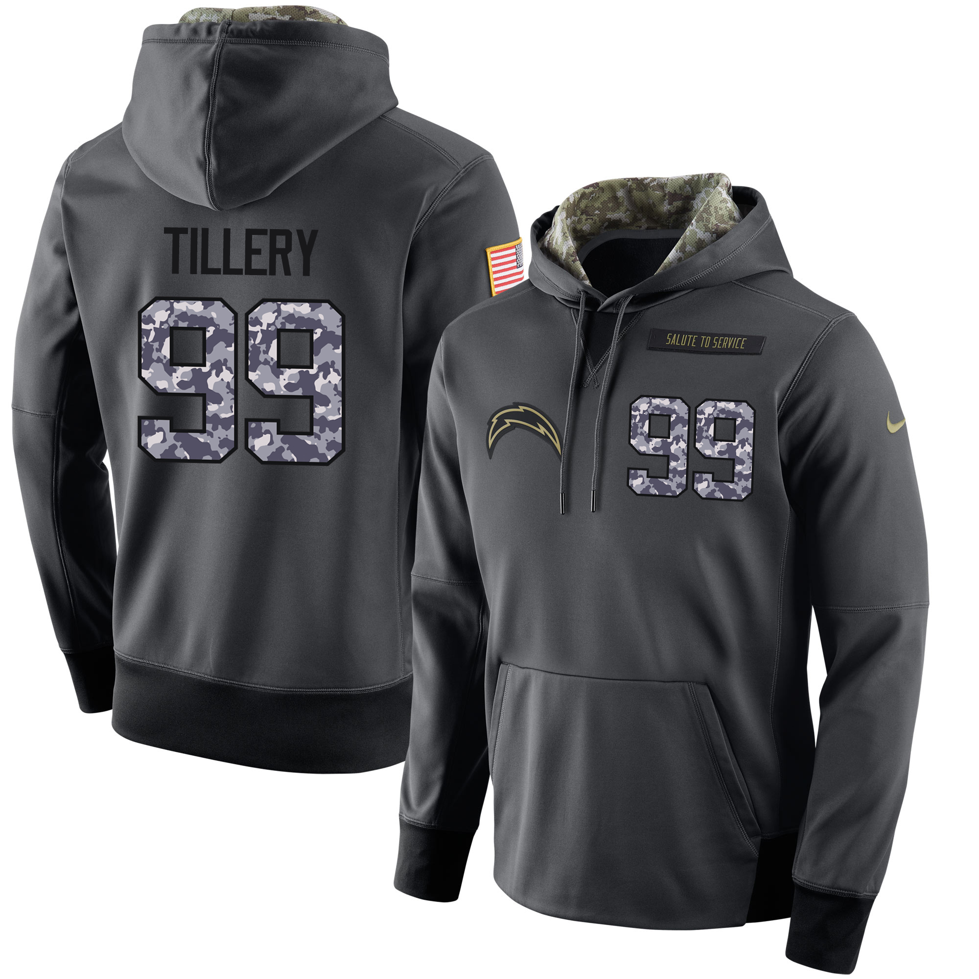 Football Men's Los Angeles Chargers #99 Jerry Tillery Stitched Black Anthracite Salute to Service Player Performance Hoodie