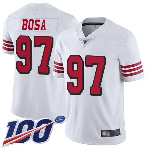 49ers #97 Nick Bosa White Rush Men's Stitched Football Limited 100th Season Jersey 49ers #97 Nick Bosa White Rush Men's Stitched Football Limited 100th Season Jersey