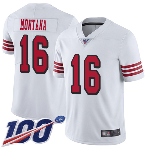 49ers #16 Joe Montana White Rush Men's Stitched Football Limited 100th Season Jersey