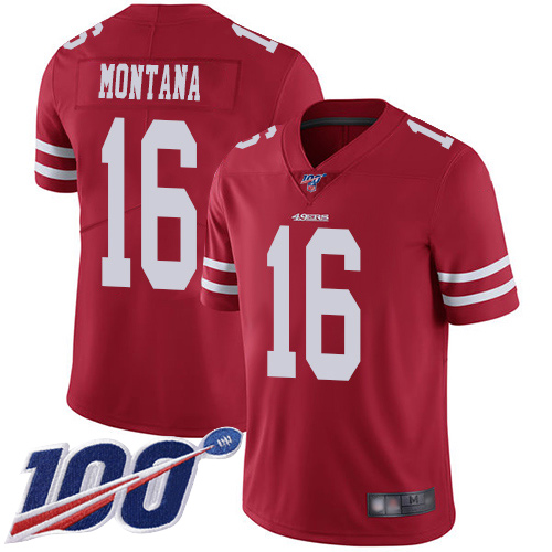 49ers #16 Joe Montana Red Team Color Men's Stitched Football 100th Season Vapor Limited Jersey