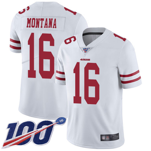 49ers #16 Joe Montana White Men's Stitched Football 100th Season Vapor Limited Jersey