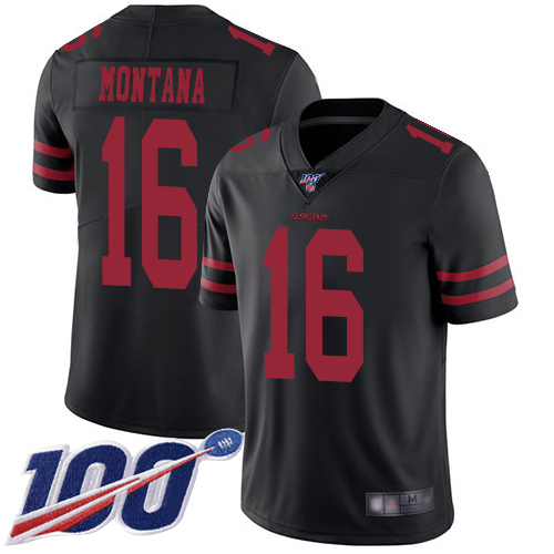49ers #16 Joe Montana Black Alternate Men's Stitched Football 100th Season Vapor Limited Jersey
