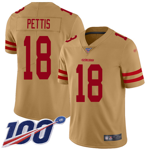 49ers #18 Dante Pettis Gold Men's Stitched Football Limited Inverted Legend 100th Season Jersey