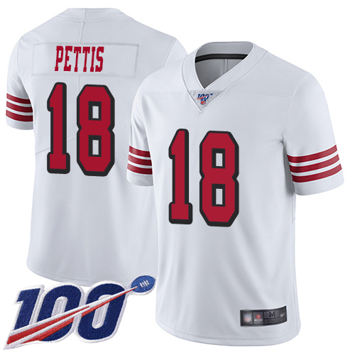 49ers #18 Dante Pettis White Rush Men's Stitched Football Limited 100th Season Jersey