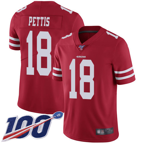 49ers #18 Dante Pettis Red Team Color Men's Stitched Football 100th Season Vapor Limited Jersey