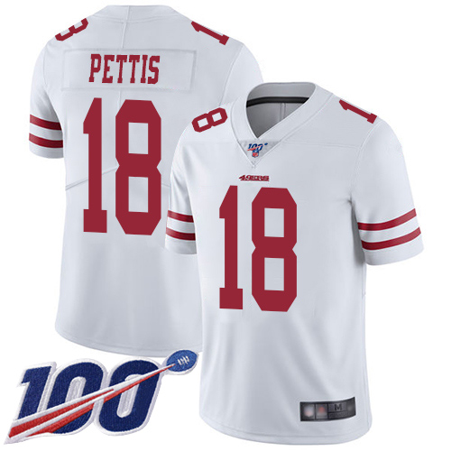 49ers #18 Dante Pettis White Men's Stitched Football 100th Season Vapor Limited Jersey
