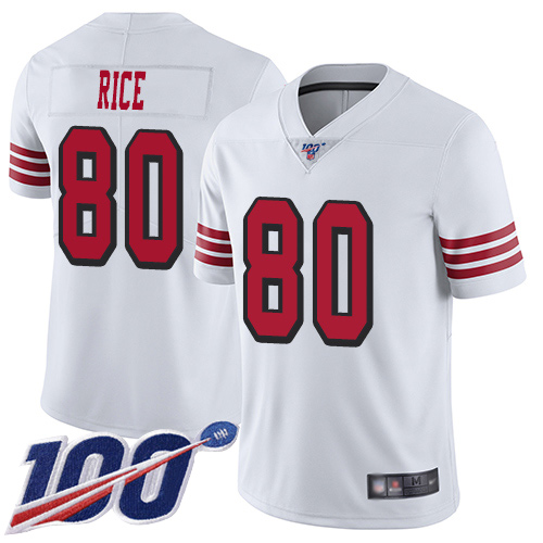 49ers #80 Jerry Rice White Rush Men's Stitched Football Limited 100th Season Jersey