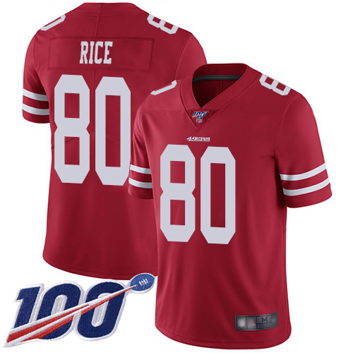 49ers #80 Jerry Rice Red Team Color Men's Stitched Football 100th Season Vapor Limited Jersey