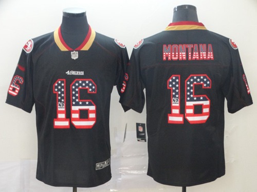 49ers #16 Joe Montana Black Men's Stitched Football Limited Rush USA Flag Jersey