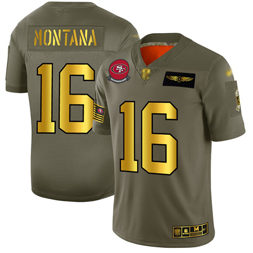 49ers #16 Joe Montana Camo/Gold Men's Stitched Football Limited 2019 Salute To Service Jersey